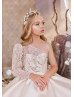 One Shoulder Beaded Champagne Lace Satin Flower Girl Dress